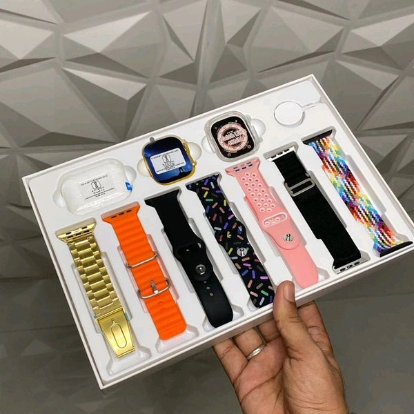 10 in1 Set Ultra Smart Bluetooth Calling Smartwatch + Earphones with Transparent Screen Guard Watch with Seven Classic Straps For Smartwatch for MEN & WOMEN Gift Product (1 Set / Mix Color)Description :-High-Resolution: This Smartwatch provides outstanding visibility for all of your actions due to its shining screen resolution.Smart Features: With MP3 playback, Touch Screen Capabil