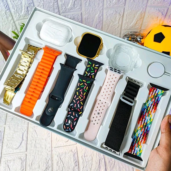 10 in1 Set Ultra Smart Bluetooth Calling Smartwatch + Earphones with Transparent Screen Guard Watch with Seven Classic Straps For Smartwatch for MEN & WOMEN Gift Product (1 Set / Mix Color)Description :-High-Resolution: This Smartwatch provides outstanding visibility for all of your actions due to its shining screen resolution.Smart Features: With MP3 playback, Touch Screen Capabil