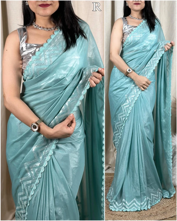 Designer metallic silk saree with sequin  work in border & in pallu  with imported blouse - Snowy Mint