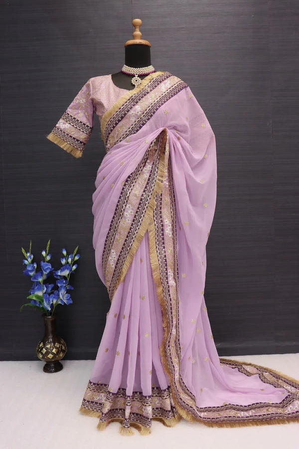 Embroidery Work Sequence Saree  - Free