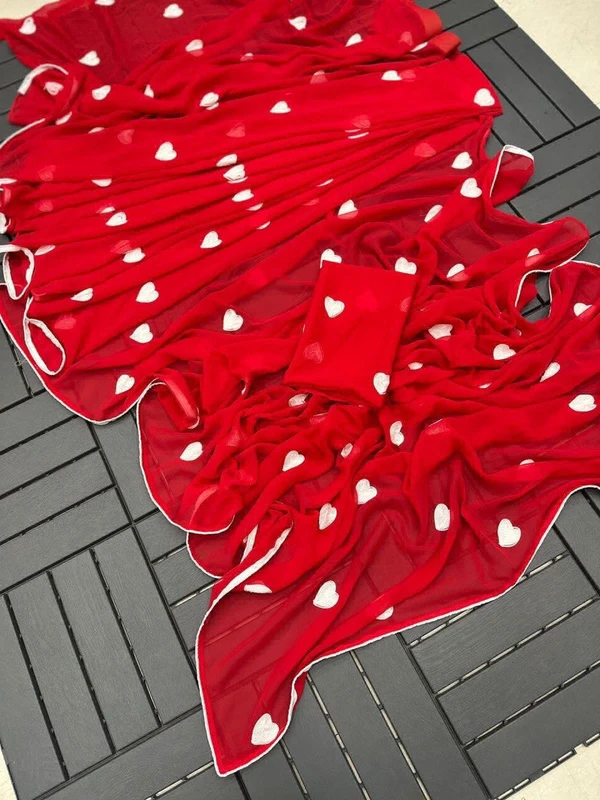 Beautiful Heart Design Saree - Red, Free