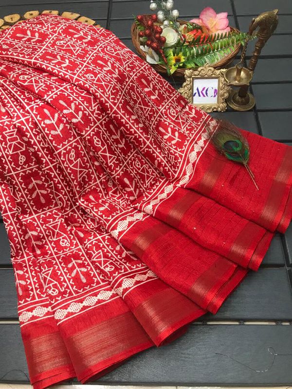 Kalamkari Printed Saree  - Red