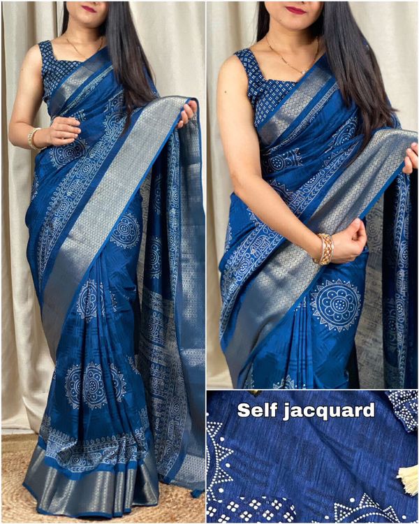 Muslim Self Jacquard Saree - Blue