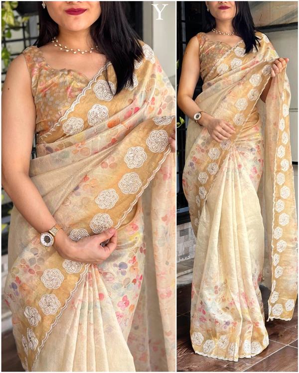 Beautiful Saree Sequence And Thread Work - Cream