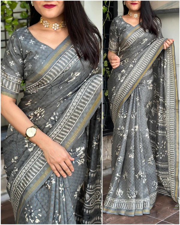 Beautiful Printed Check Weaving Saree - Gray