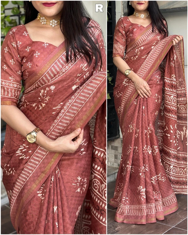 Beautiful Printed Check Weaving Saree - brown