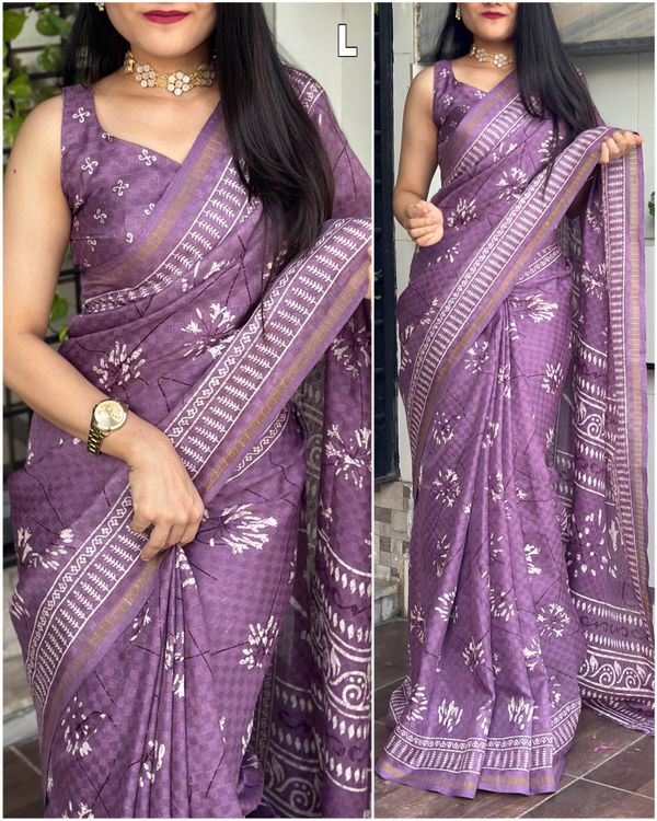 Beautiful Printed Check Weaving Saree - violet