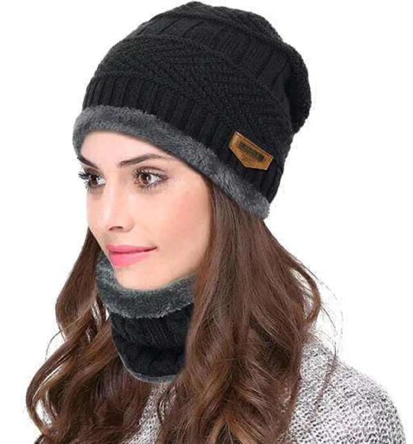 Woolen Cap And Muffler Set - Black