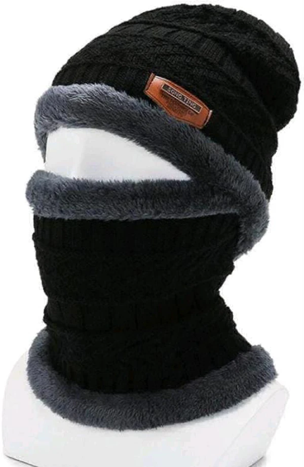 Woolen Cap And Muffler Set - Black