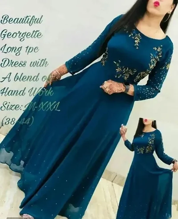 Stylish Georgette Embroidered Long Anarkali Gown - Teal, L