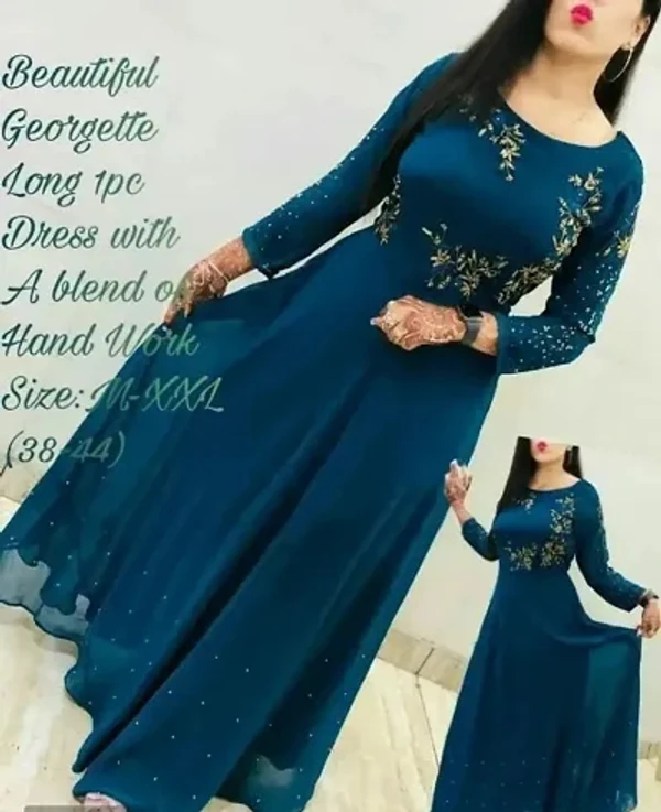 Stylish Georgette Embroidered Long Anarkali Gown - Teal, XL