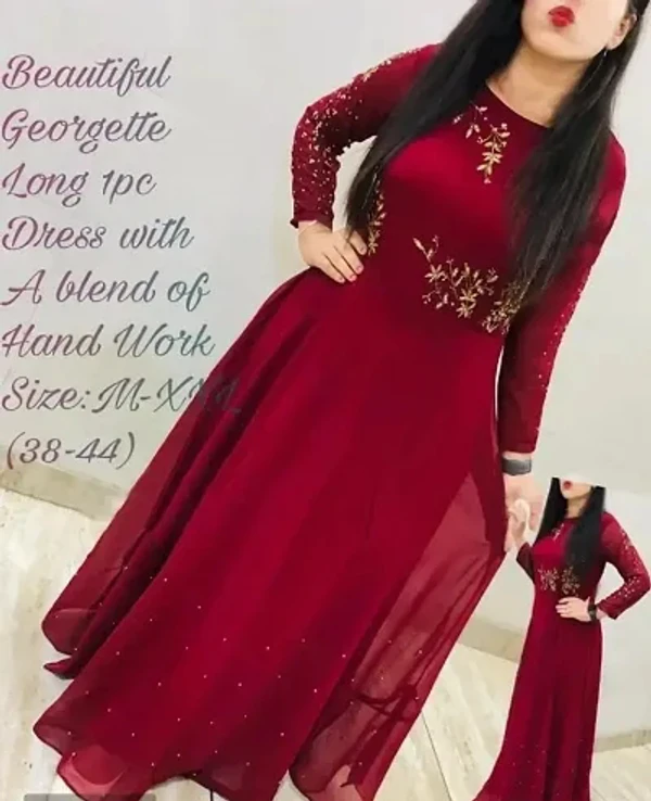 Stylish Georgette Embroidered Long Anarkali Gown - Red, M