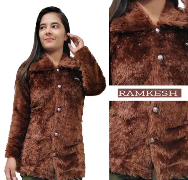 Beautiful Fur Jacket For Girls  - Brown, M