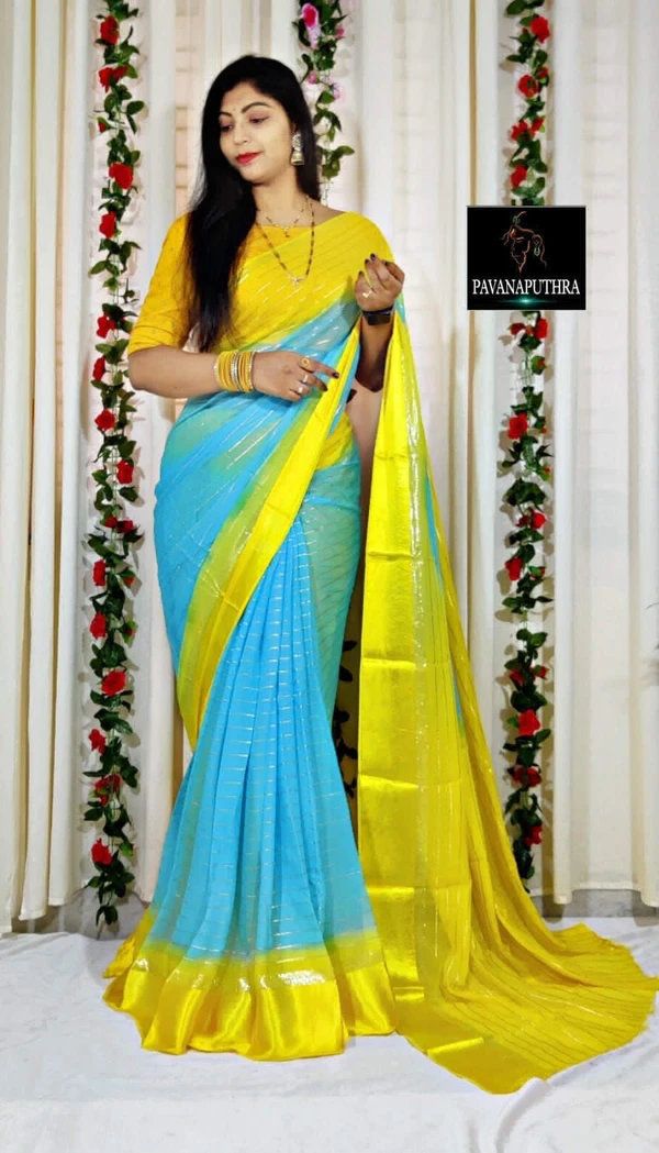 Beautiful Zari Weaving Georgette Fabric Saree - sky blue