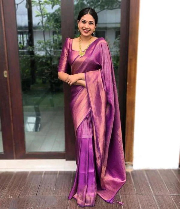 Women's Kanjivaram Zari Woven Soft Silk Saree With Blouse Piece - Purple