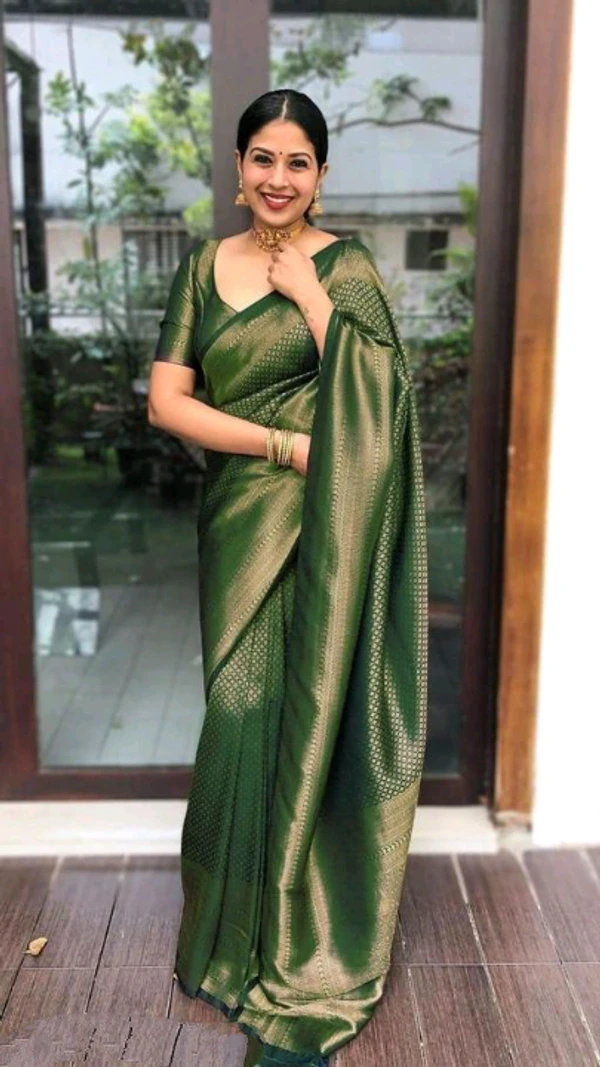 Women's Kanjivaram Zari Woven Soft Silk Saree With Blouse Piece - Teal