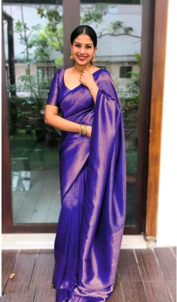 Women's Kanjivaram Zari Woven Soft Silk Saree With Blouse Piece - Blue