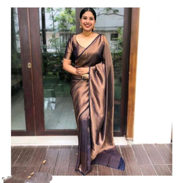 Women's Kanjivaram Zari Woven Soft Silk Saree With Blouse Piece - Brown