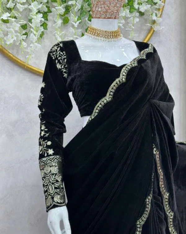 Ready To Wear Valvet Saree - Black