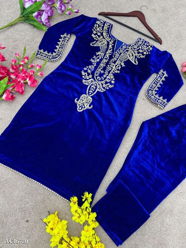 Party Wear Valvet Embroidery Suit - Blue, Xl