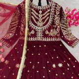 Heavy Embroidery Work Suit - maharoon, XL