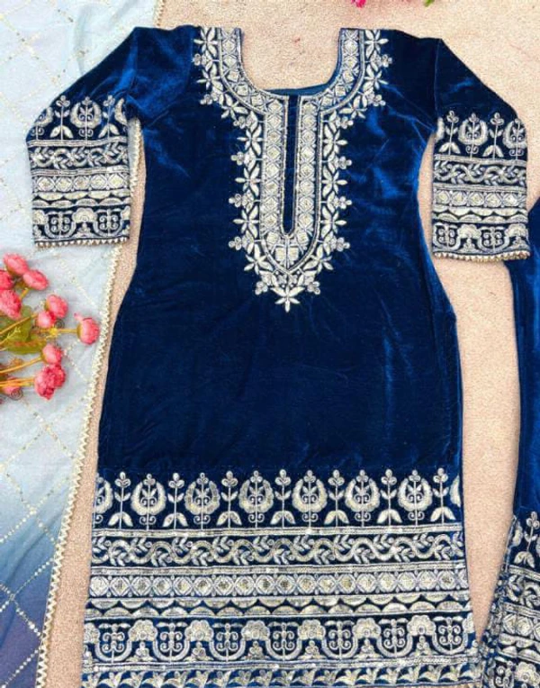 Heavy Embroidery Work Suit - Blue, XXL