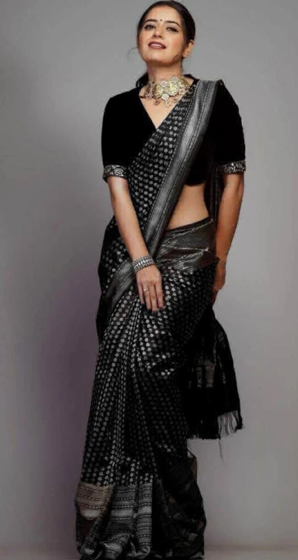 Soft Lichi Silk Saree  - Black