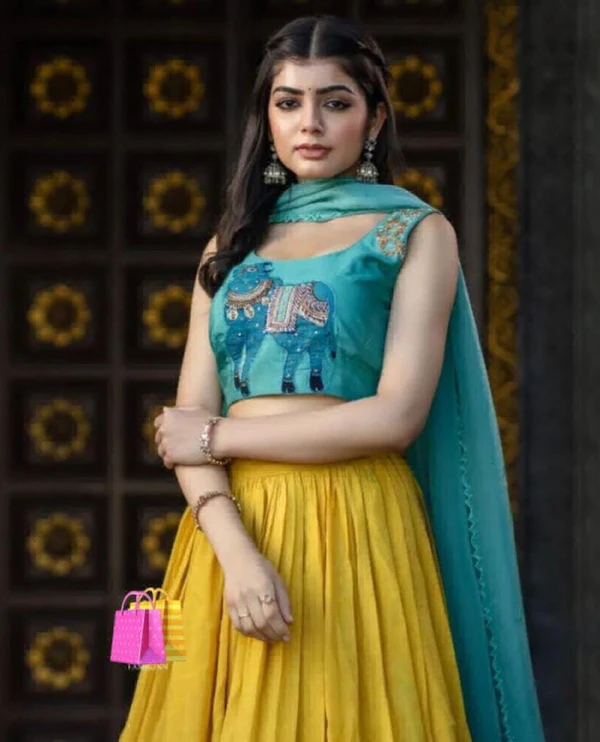 Kamlakari Lehanga Chunni Collection  - M, aqua blue