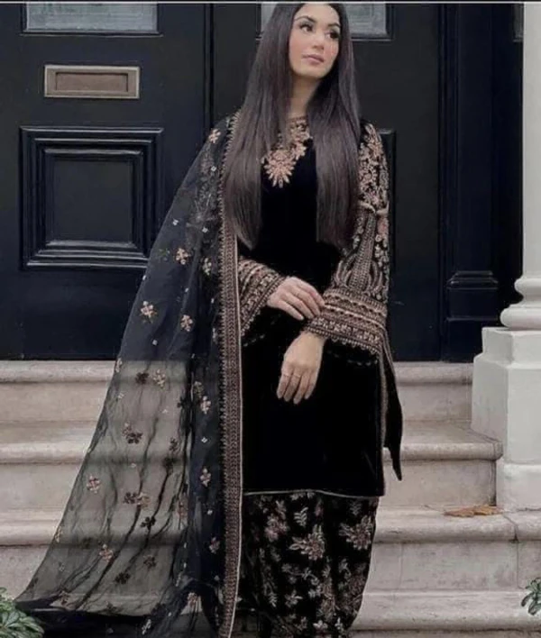 Beautiful Embroidery Work Winter Suit  - Free Up To 44, Black