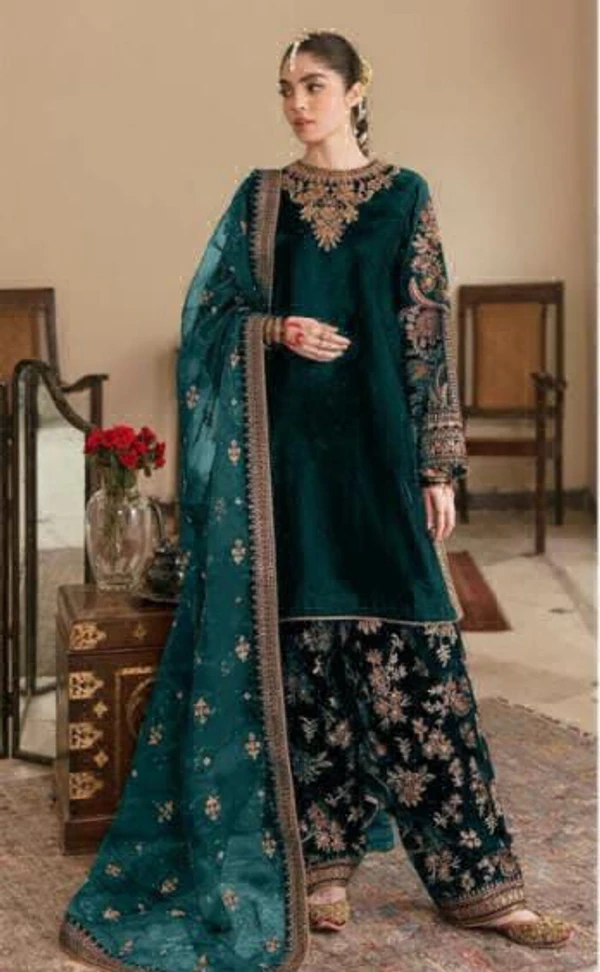 Beautiful Embroidery Work Winter Suit  - Free Up To 44, Teal