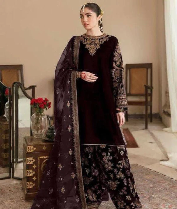 Beautiful Embroidery Work Winter Suit  - Free Up To 44, Brown