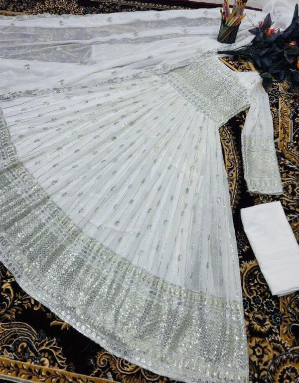 Beautiful Embroidery Gown  - White, XXL