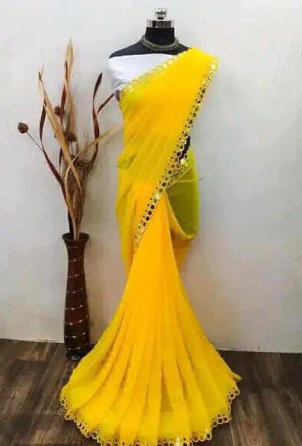 Mirror Lace Work Saree - Yellow