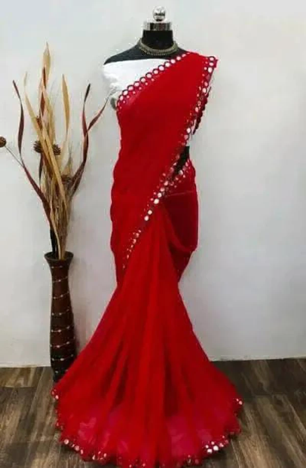 Mirror Lace Work Saree - Red