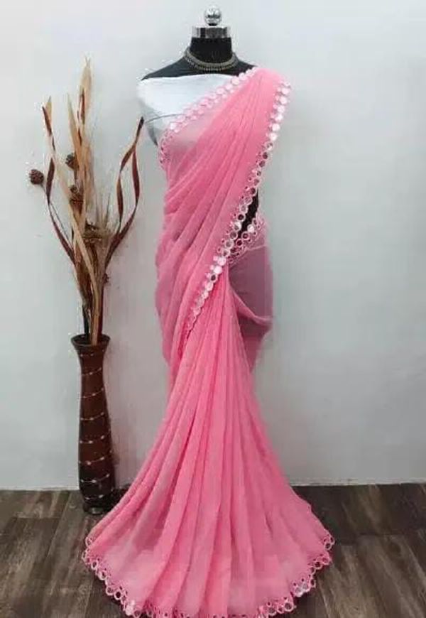 Mirror Lace Work Saree - Blush Pink