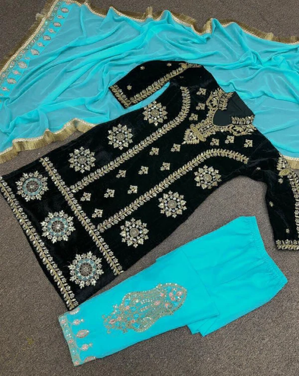 Party Wear Valvet Suits - Turquoise, M