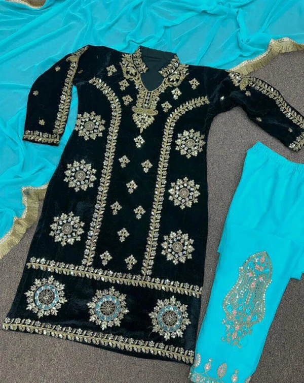 Party Wear Valvet Suits - Turquoise, M