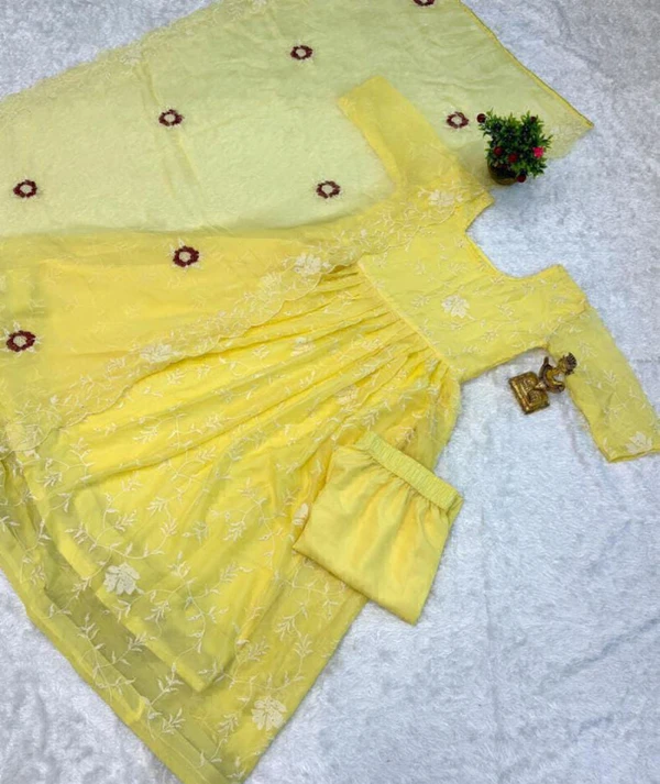 ORGANZA SUITS EMBROIDERY WORK  - Yellow, L
