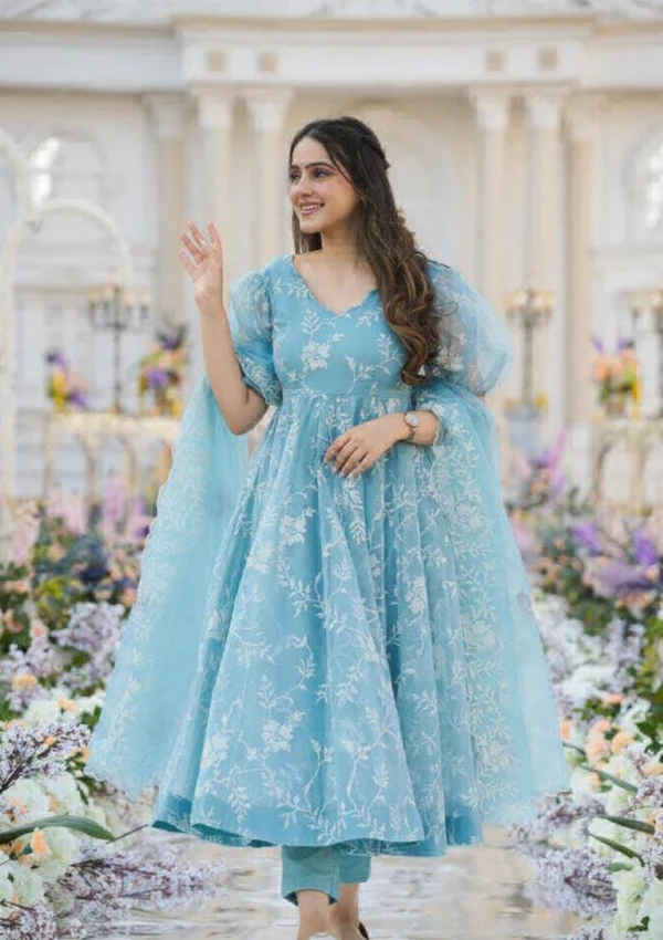 ORGANZA SUITS EMBROIDERY WORK  - sky blue, M