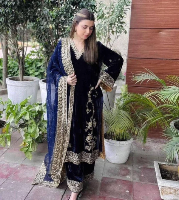 Beautiful Heavy Embroidery Suit  - Blue, Free Up To 42