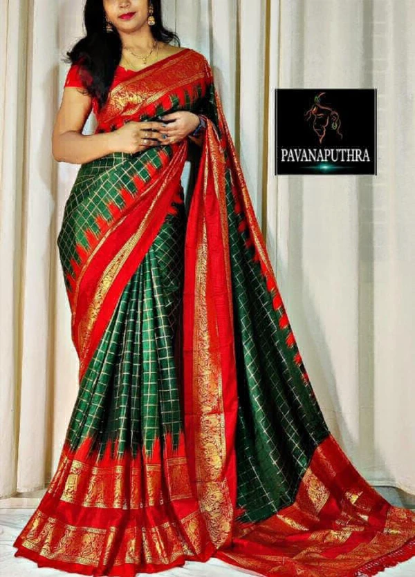 Dola Silk Check Print Saree - Green