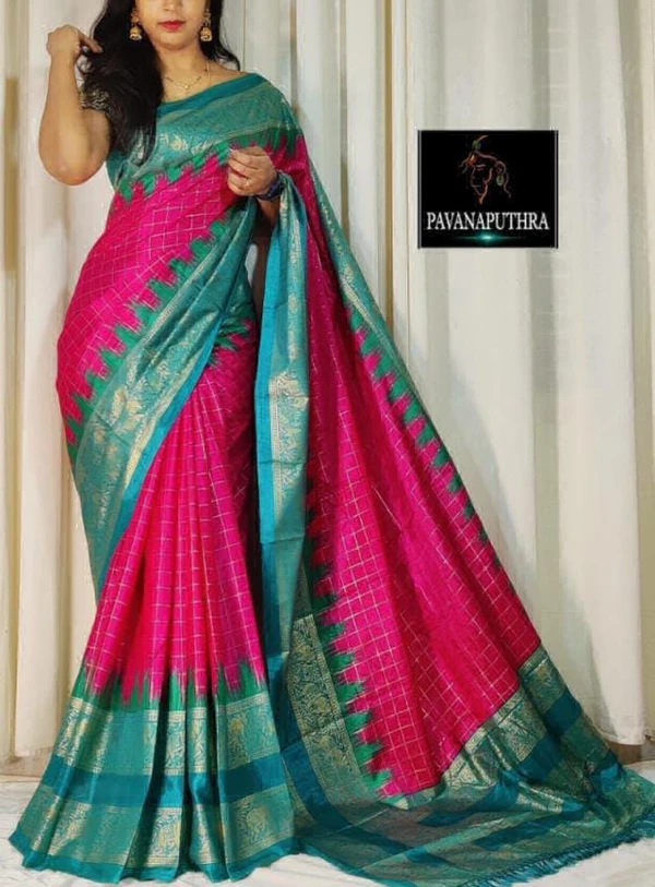 Dola Silk Check Print Saree - Green