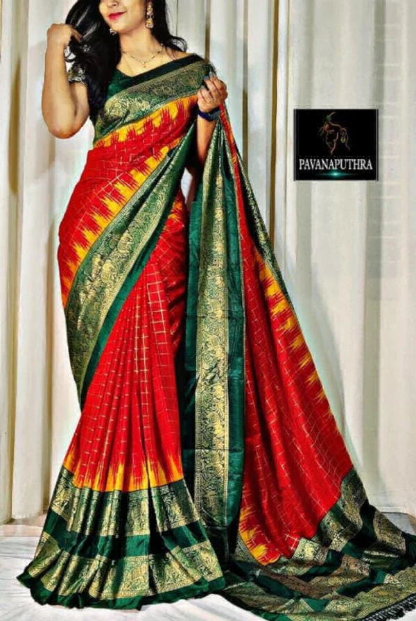 Dola Silk Check Print Saree - Green