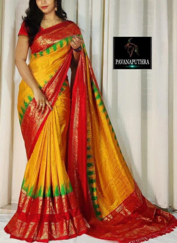 Dola Silk Check Print Saree - Yellow