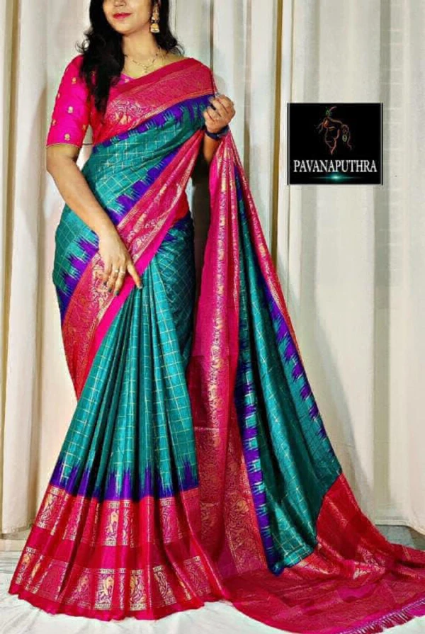 Dola Silk Check Print Saree - Teal