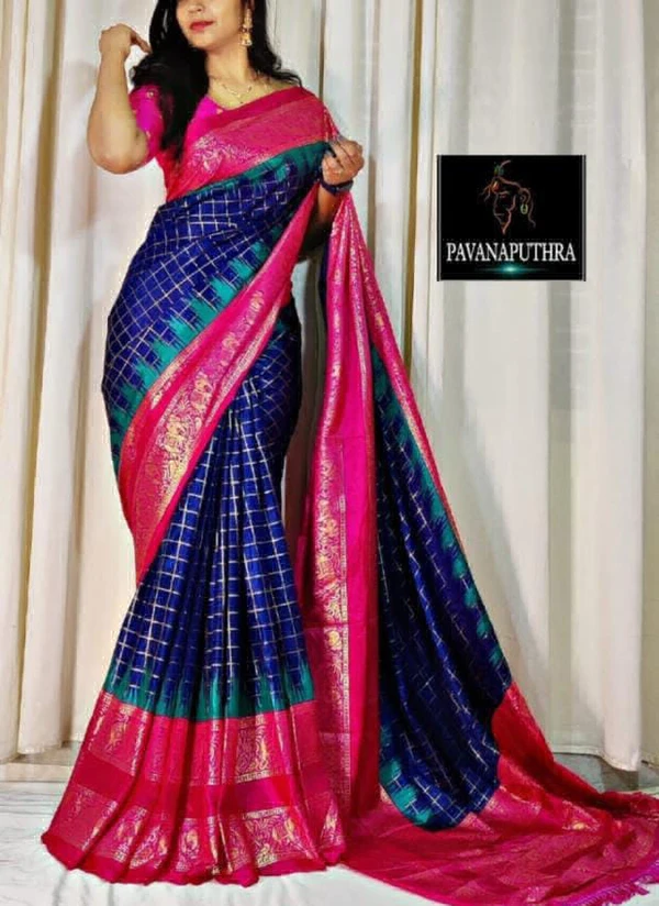 Dola Silk Check Print Saree - Blue