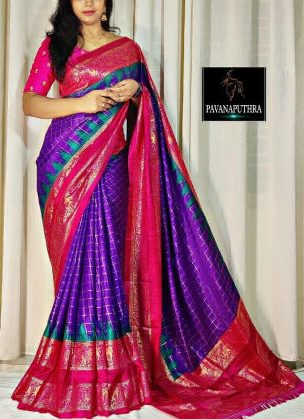 Dola Silk Check Print Saree - Electric Violet