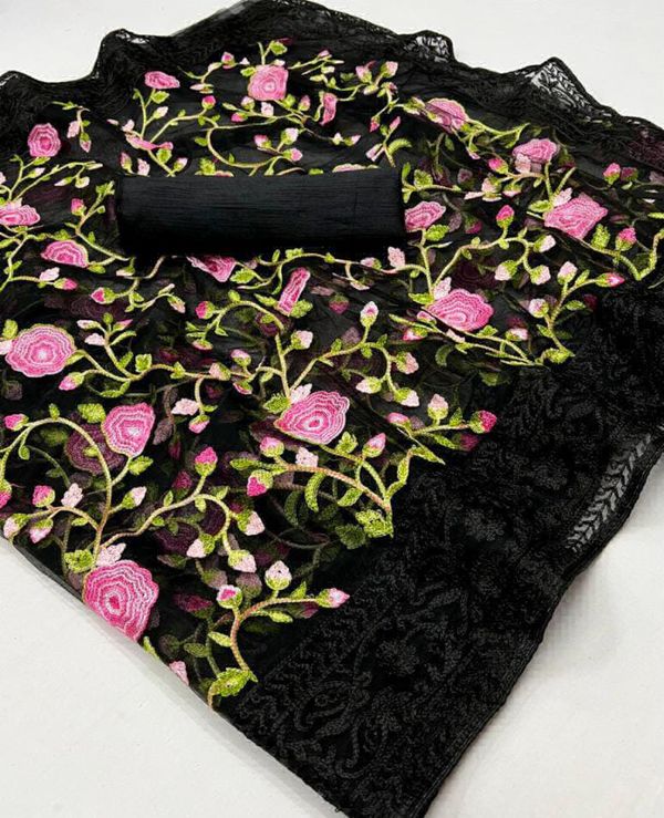 Embroidery Work Net Fabric Saree - Black
