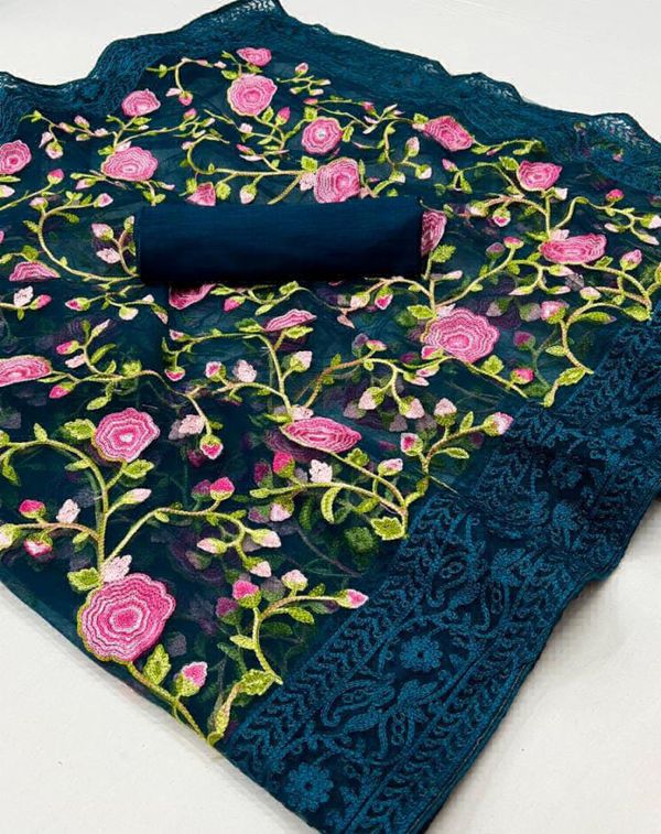 Embroidery Work Net Fabric Saree - Blue