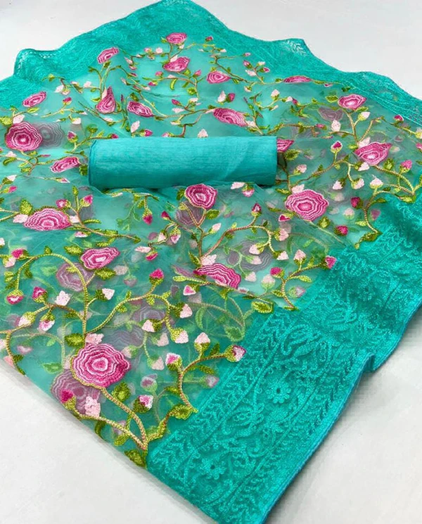 Embroidery Work Net Fabric Saree - Green